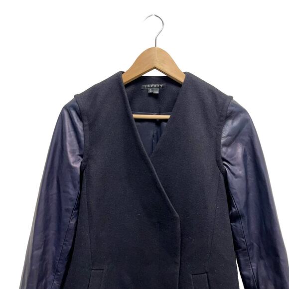 Theory Quennel Convertible Wool-blend And Lamb Leather Coat Navy Size XS - Picture 3 of 12